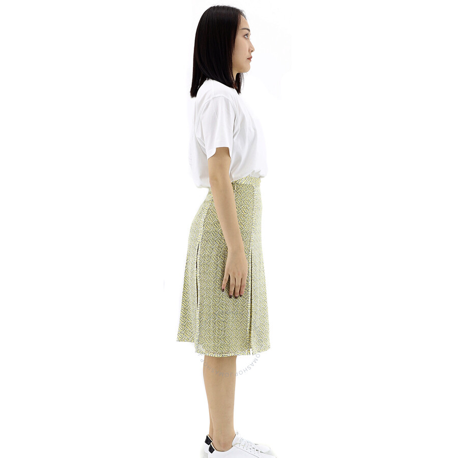 Burberry Ladies Monogram Print Silk Pleated Skirt In Pale Yellow Ip Pttn