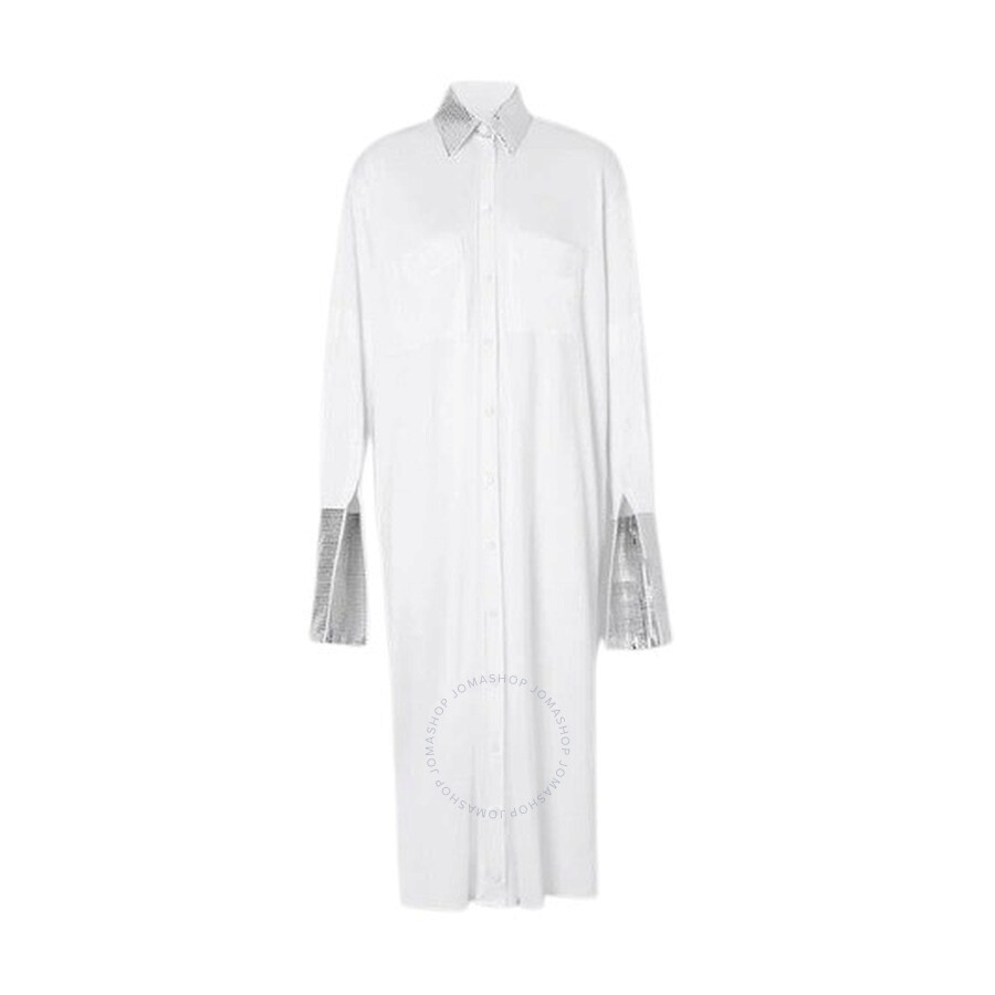 Burberry Ladies Optic White Mirrored Cotton Trim Silk Jersey Oversized Shirt Dress In White