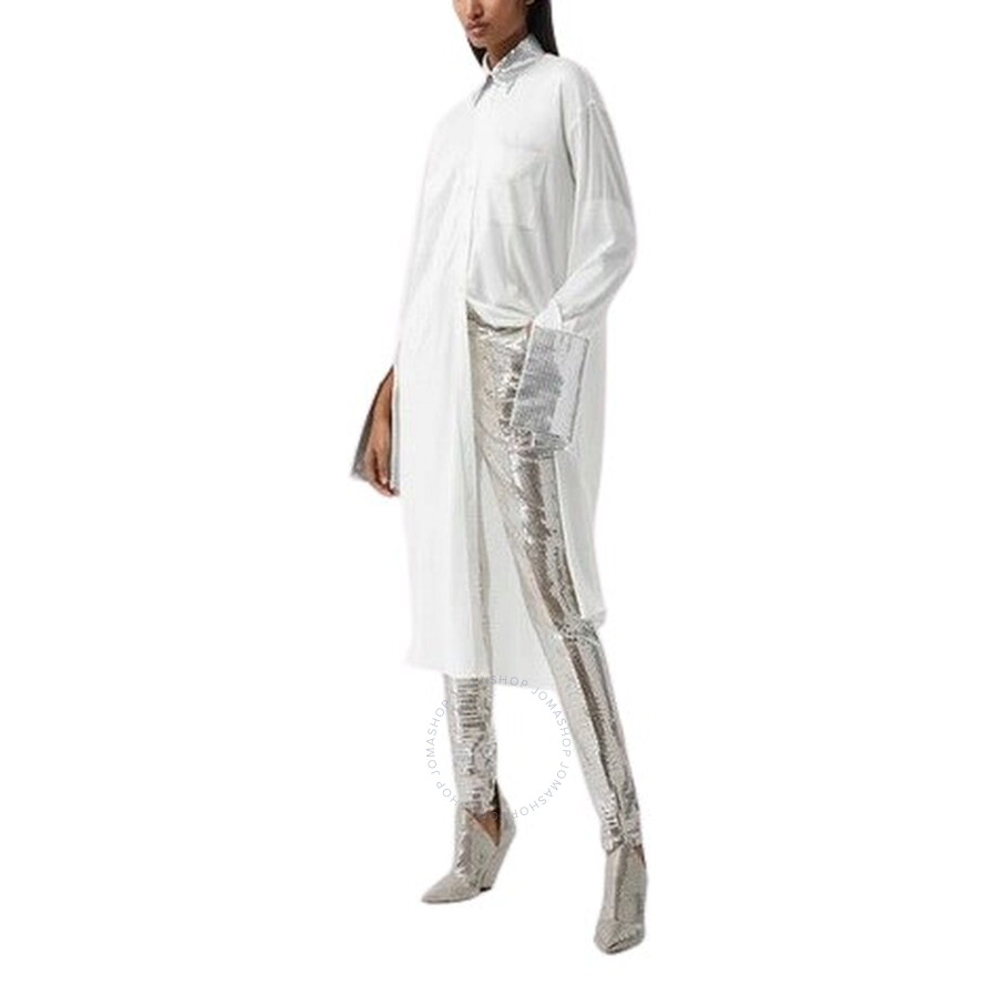 Burberry Ladies Optic White Mirrored Cotton Trim Silk Jersey Oversized Shirt Dress In White