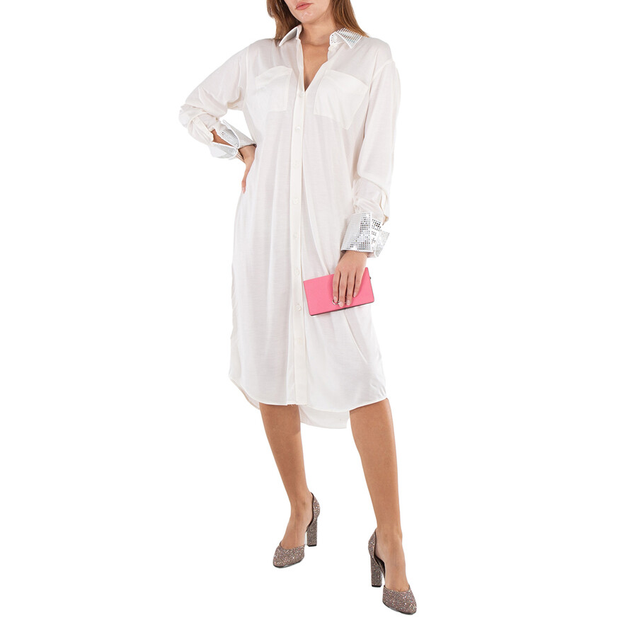 Ladies Optic White Mirrored Cotton Trim Silk Jersey Oversized Shirt Dress