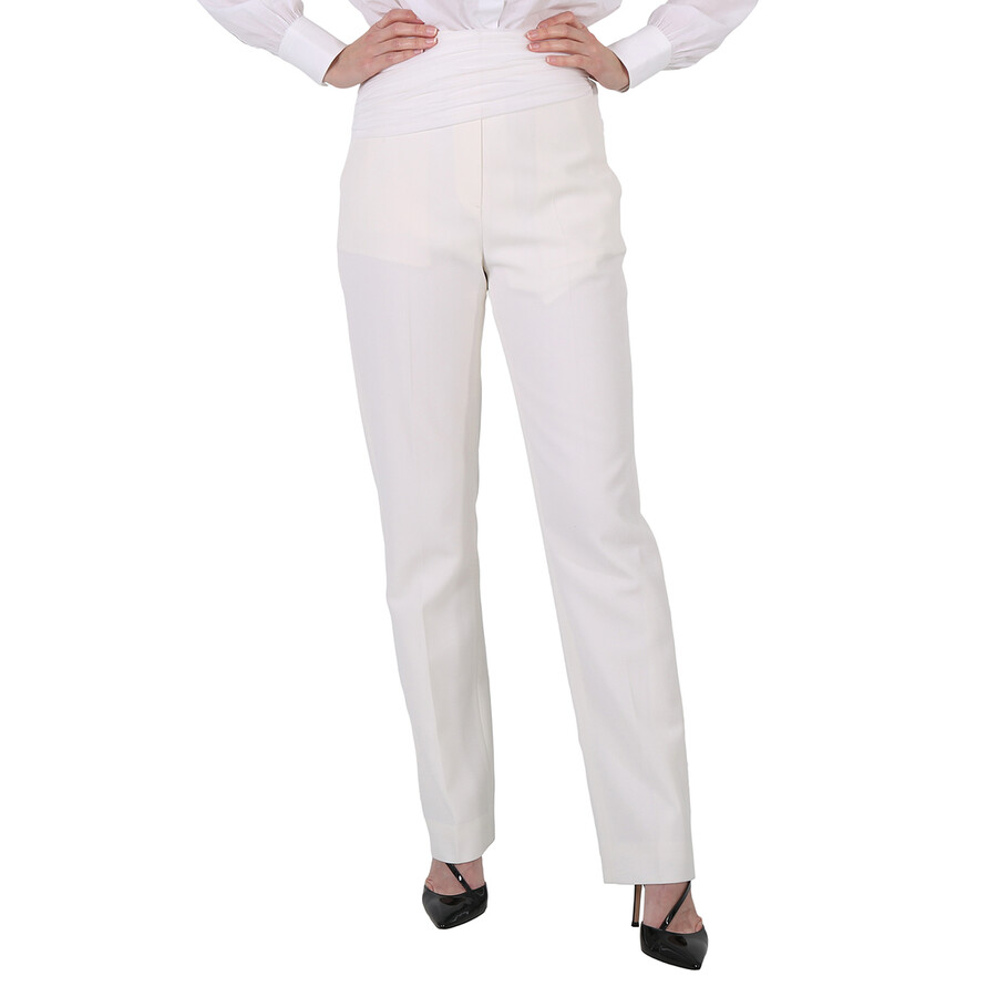 Burberry Ladies Optic White Sash Detail Technical Wool Tailored Trousers In White