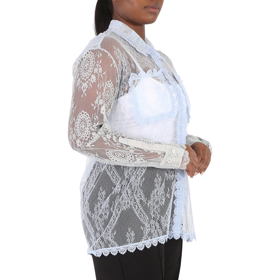 Shop Burberry Ladies Pale Blue Long-sleeve Lace Shirt