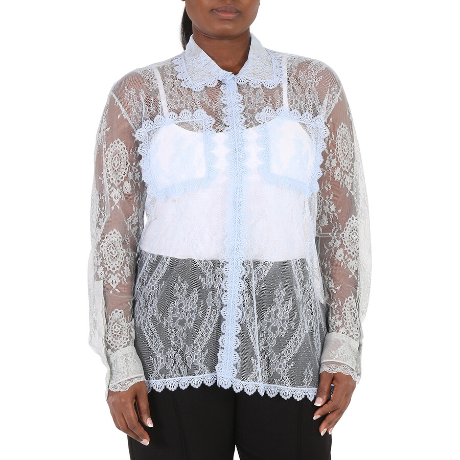 Shop Burberry Ladies Pale Blue Long-sleeve Lace Shirt