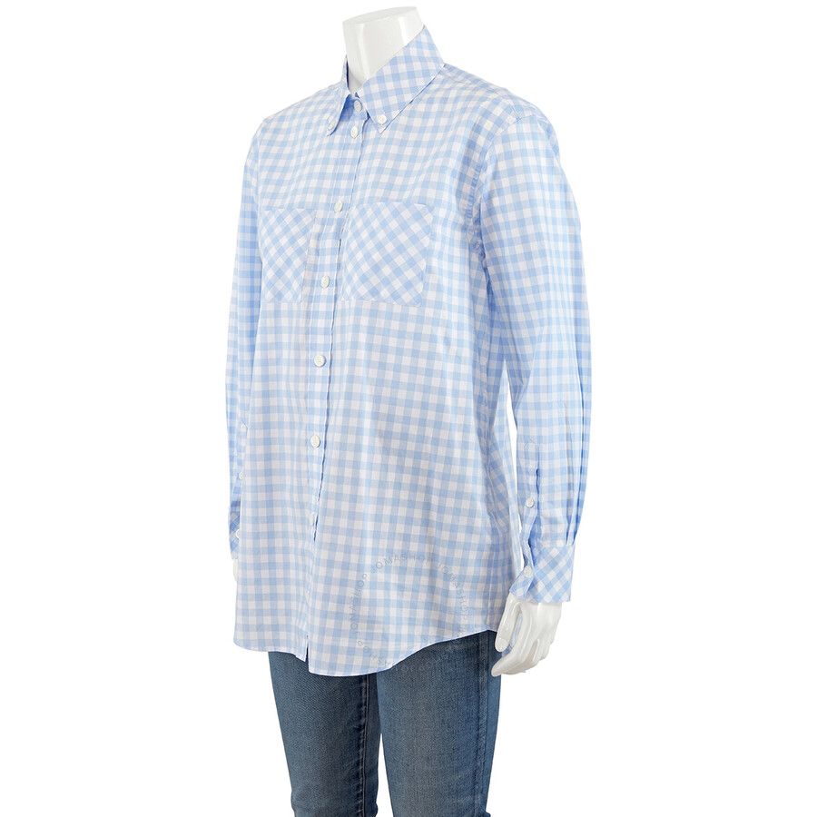 Shop Burberry Ladies Pale Blue Pattern Gingham Cotton Poplin Shirt Dress