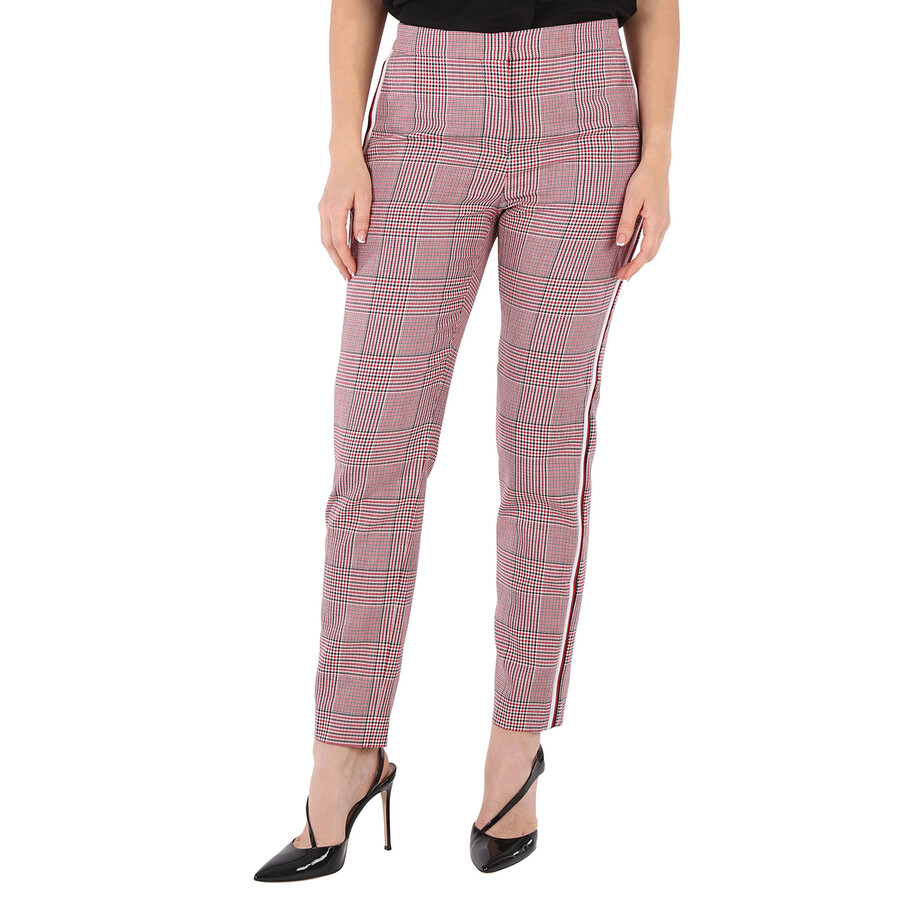 Shop Burberry Ladies Side Stripe Houndstooth Check Wool Tailored Trousers In Red