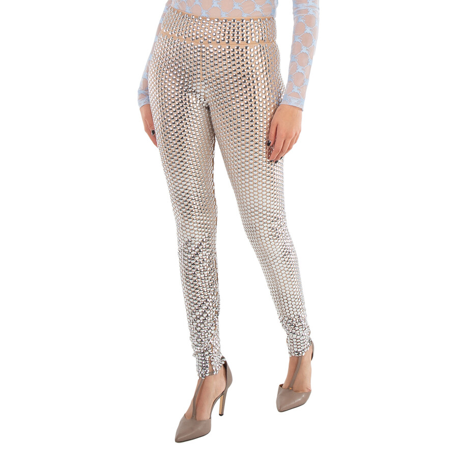Ladies Silver Bobbie Sheer Metallic Mesh Leggings