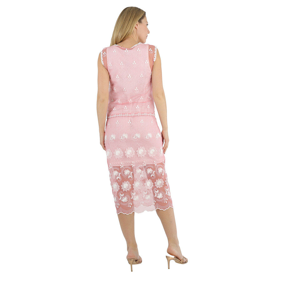 Burberry Ladies Sleeveless Chantilly Lace Embroidered Tulle Dress In Rose Pink_white