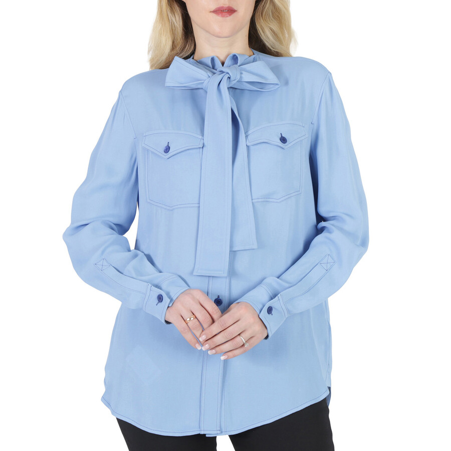 Shop Burberry Ladies Soft Cornflower Blue Ollyrl Pussybow Shirt