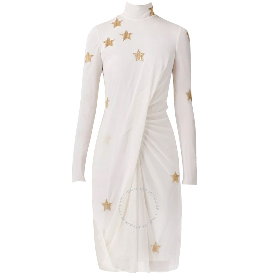 Burberry Ivory Long-sleeve Star Motif Gathered Silk Viscose Dress