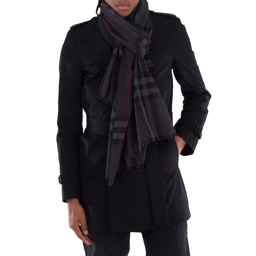 Burberry Lightweight Check Wool and Silk Scarf - Charcoal 3995484