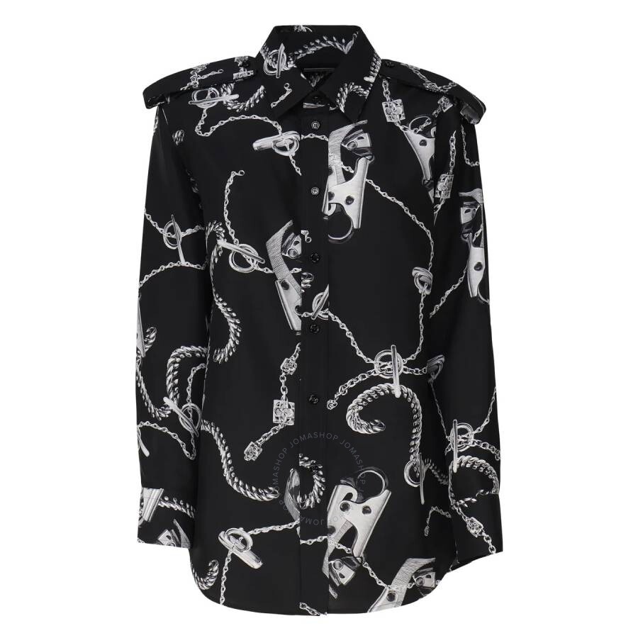 Burberry Chain-print Long-sleeve Collared Silk Top In Silver Tone/black