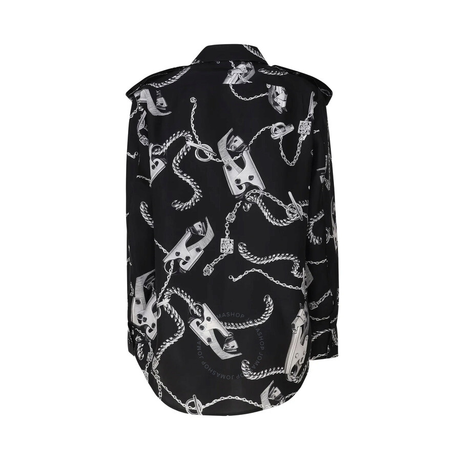 Burberry Chain-print Long-sleeve Collared Silk Top In Silver Tone/black