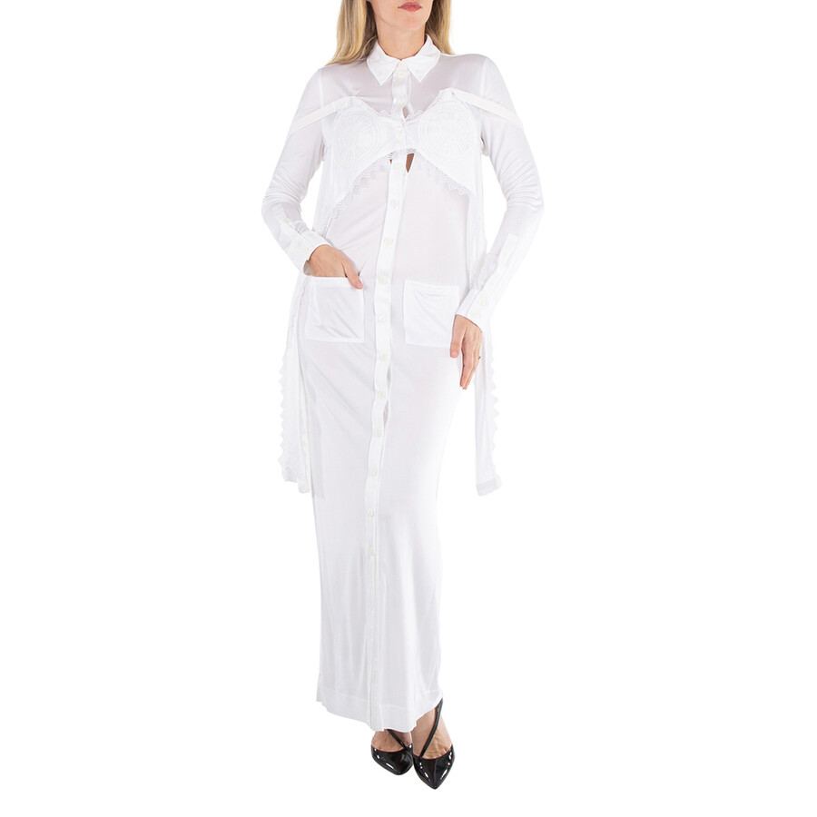 Long-Sleeved Button-Up Dress Openwork Inserts