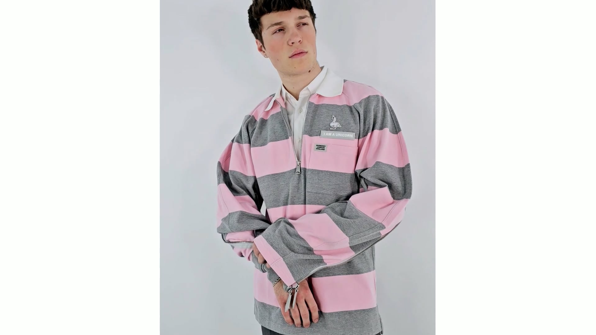 Burberry Long-sleeved Zip Detail Striped Polo Shirt, Men's Size XX