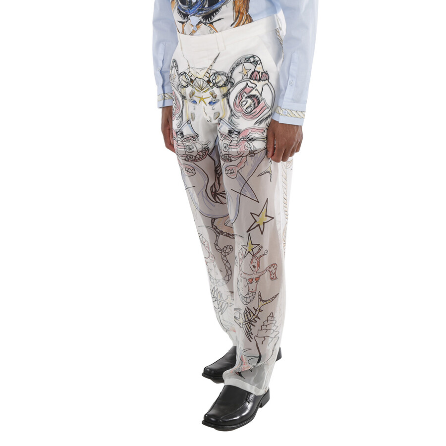 Shop Burberry Marine Sketch Print Layered Silk Trousers In White