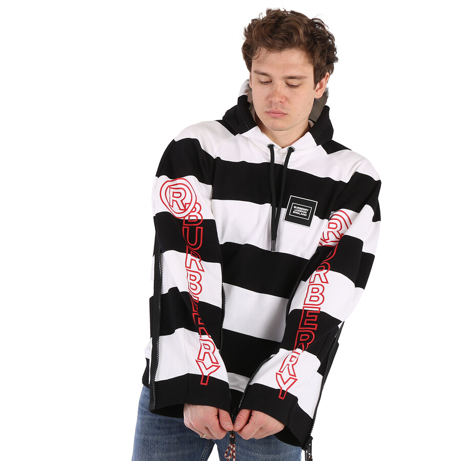 Burberry Men's Black Printed Logo Striped Hoodie - Hoodies