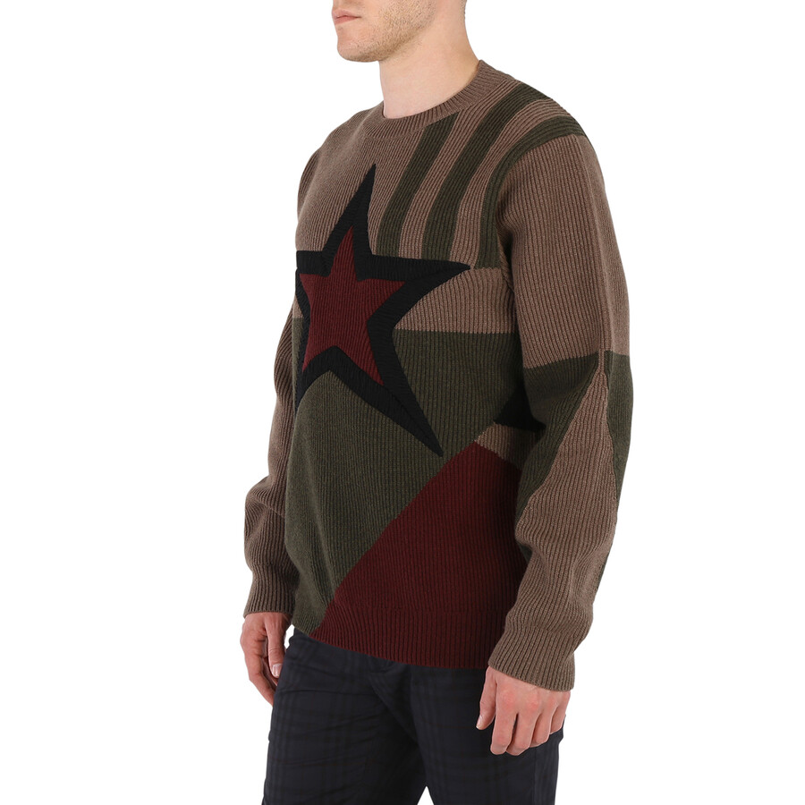 Burberry Men's Khaki Star Intarsia Wool Sweater In Red/beige