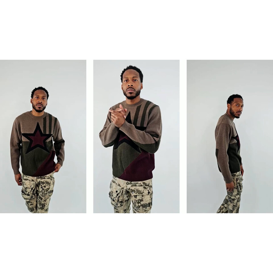 Burberry Men's Khaki Star Intarsia Wool Sweater, Size Large