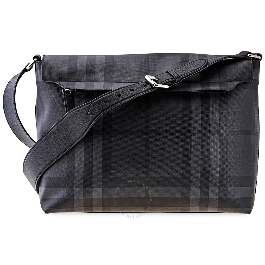 Burberry Men's Large London Check Messenger Bag in Charcoal/Black Handbags