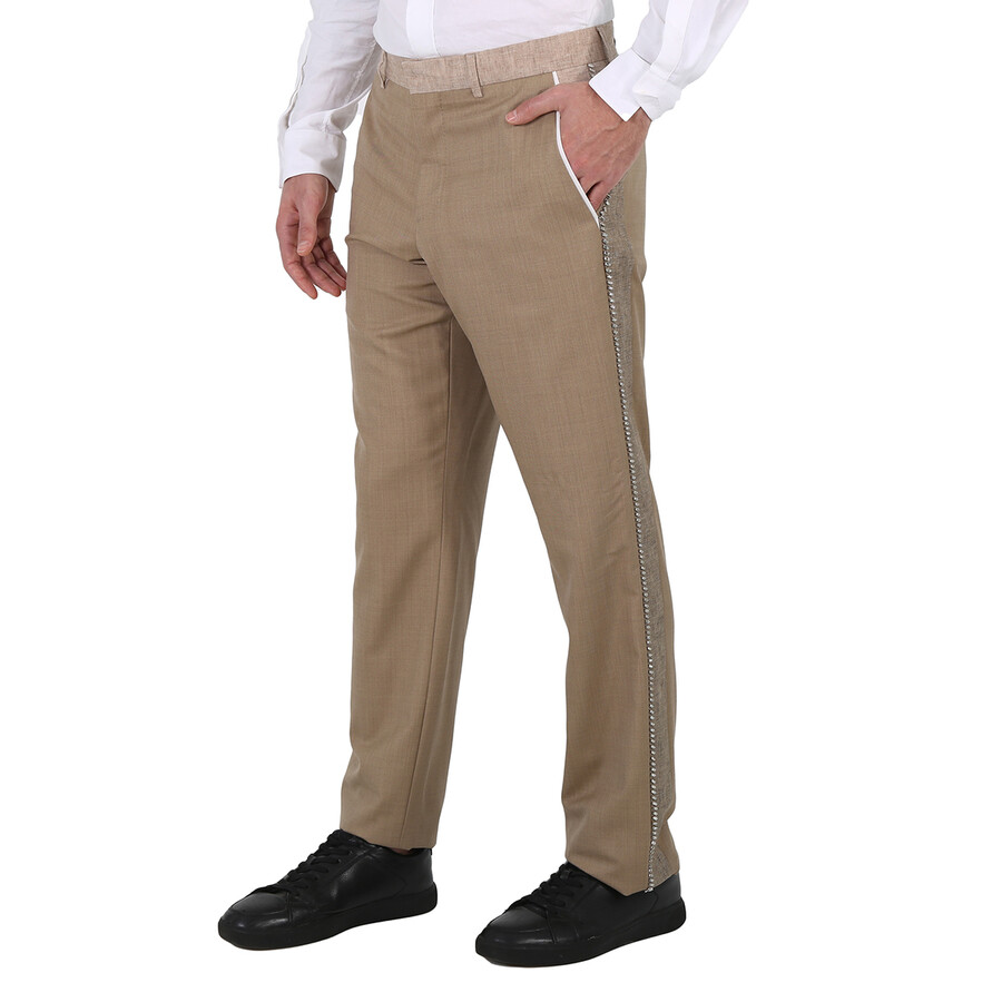 Burberry Men's Pecan Melange English Fit Crystal Embroidered Technical Linen Trousers In Pecan Melange