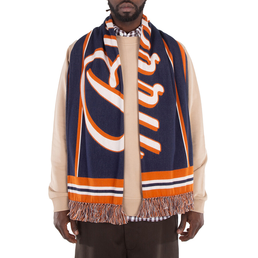 Navy Black Logo Detail Fringed Scarf