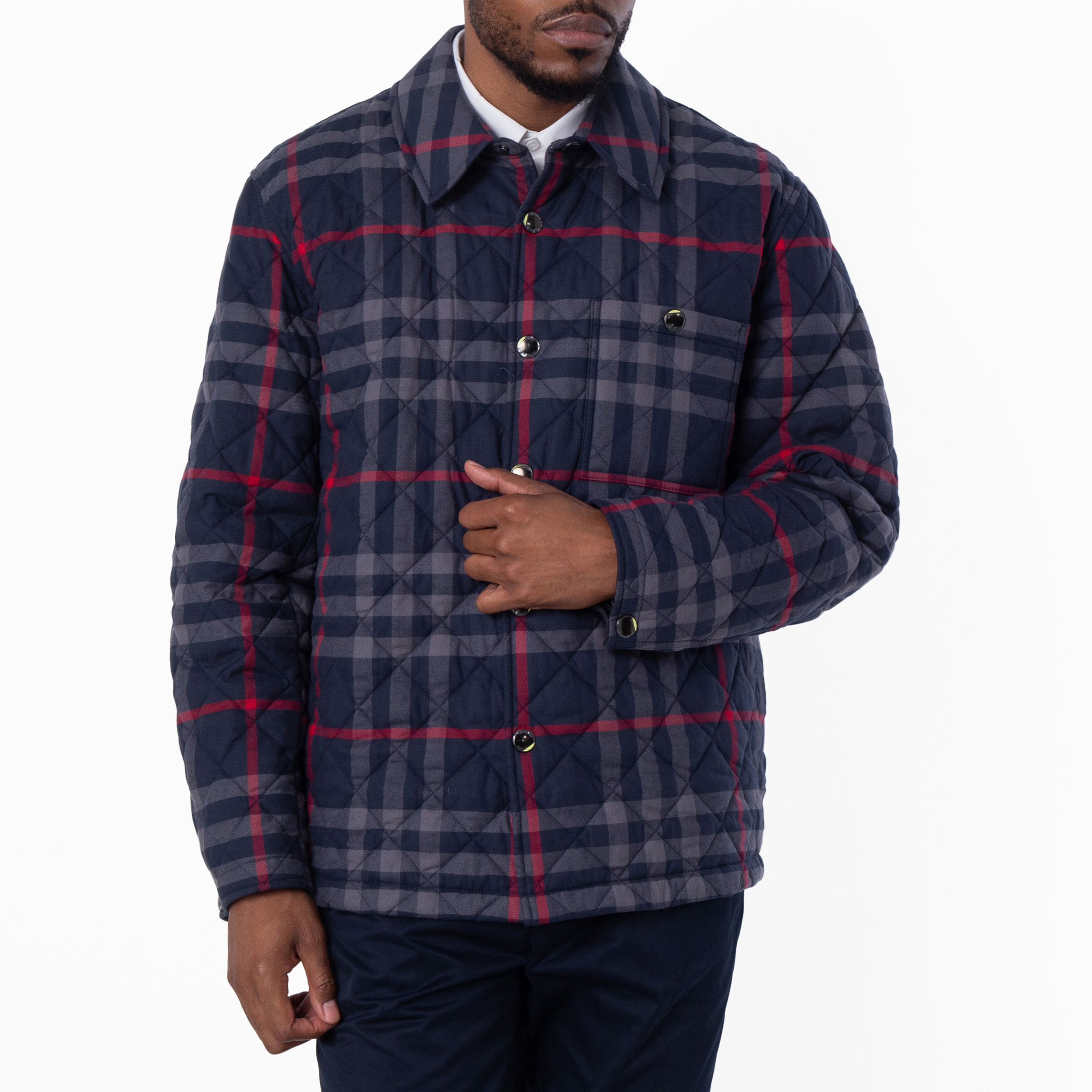 Burberry Navy Blue Check-Collar Cotton Jacket, Size XX-Large