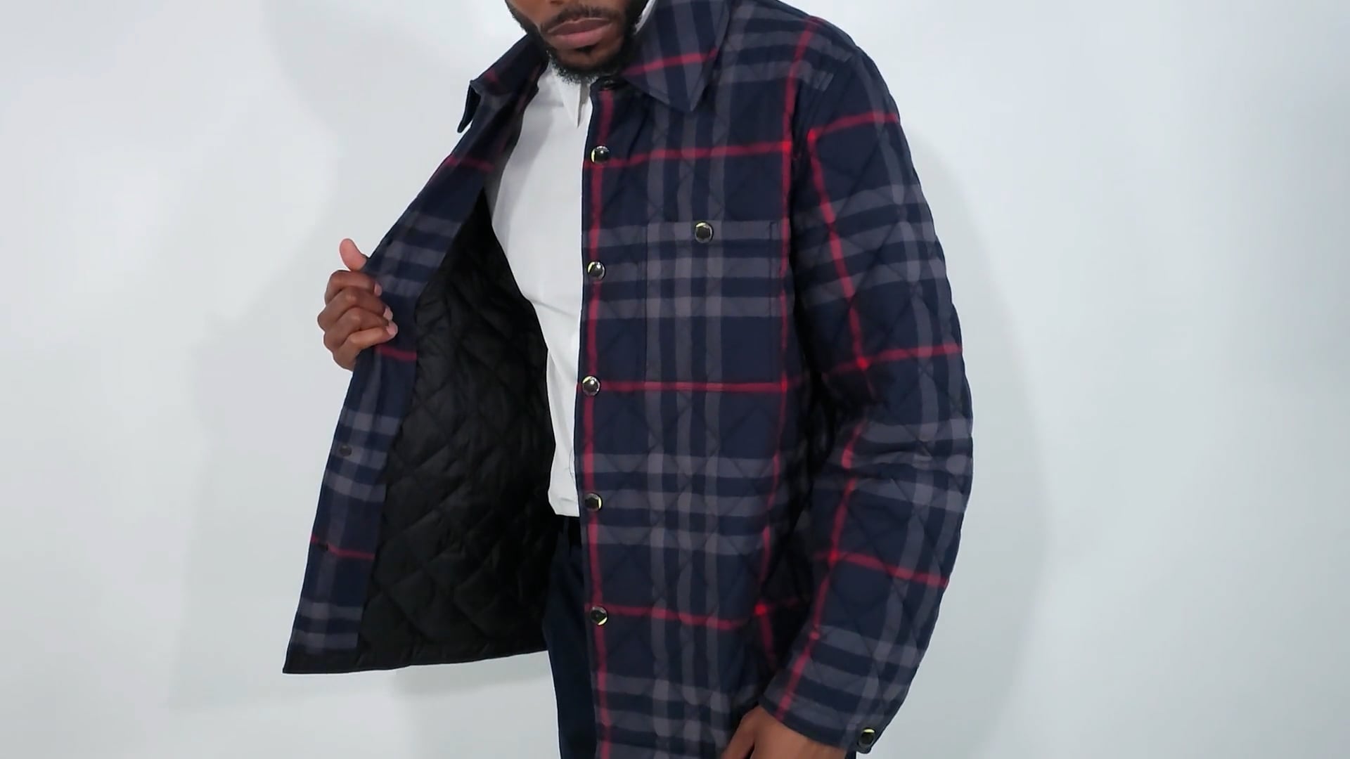 Burberry Navy Blue Check-Collar Cotton Jacket, Size X-Large