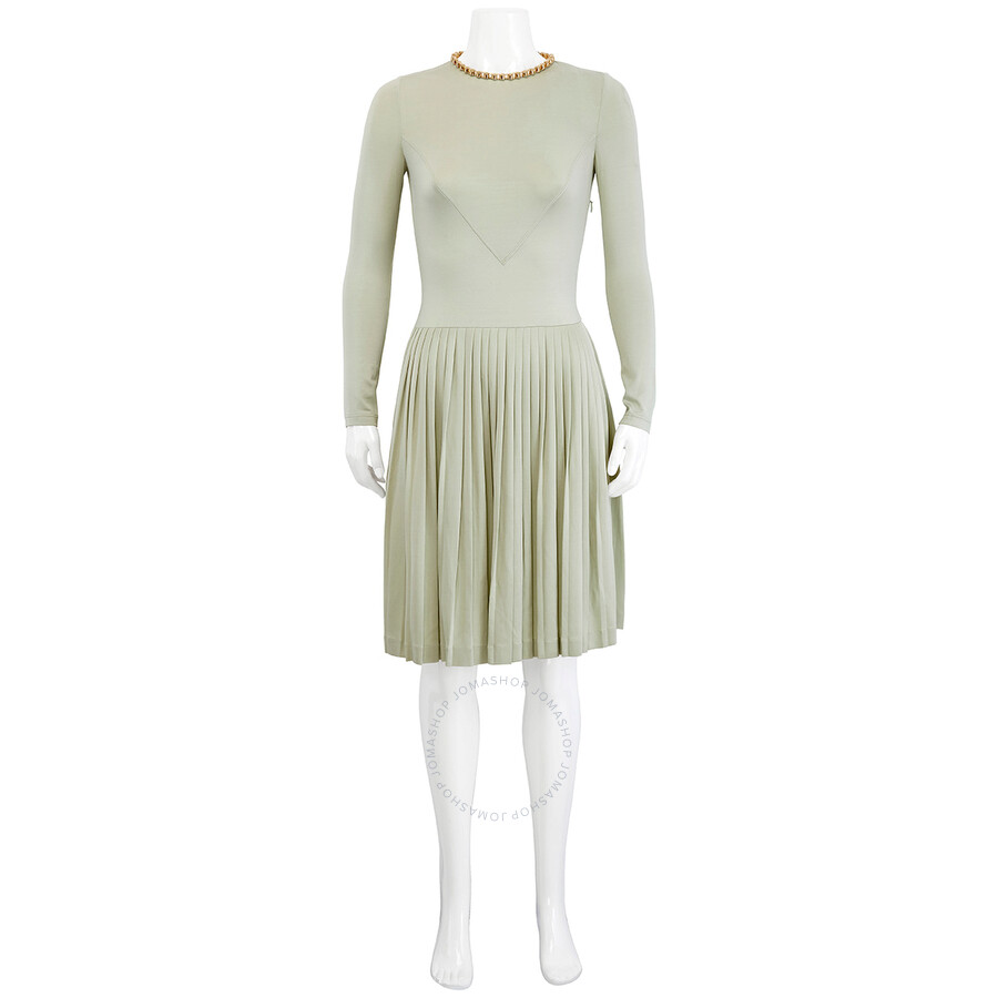 Shop Burberry Open-back Stretch Silk And Crepe Pleated Chain Detail Dress In Pale Apple