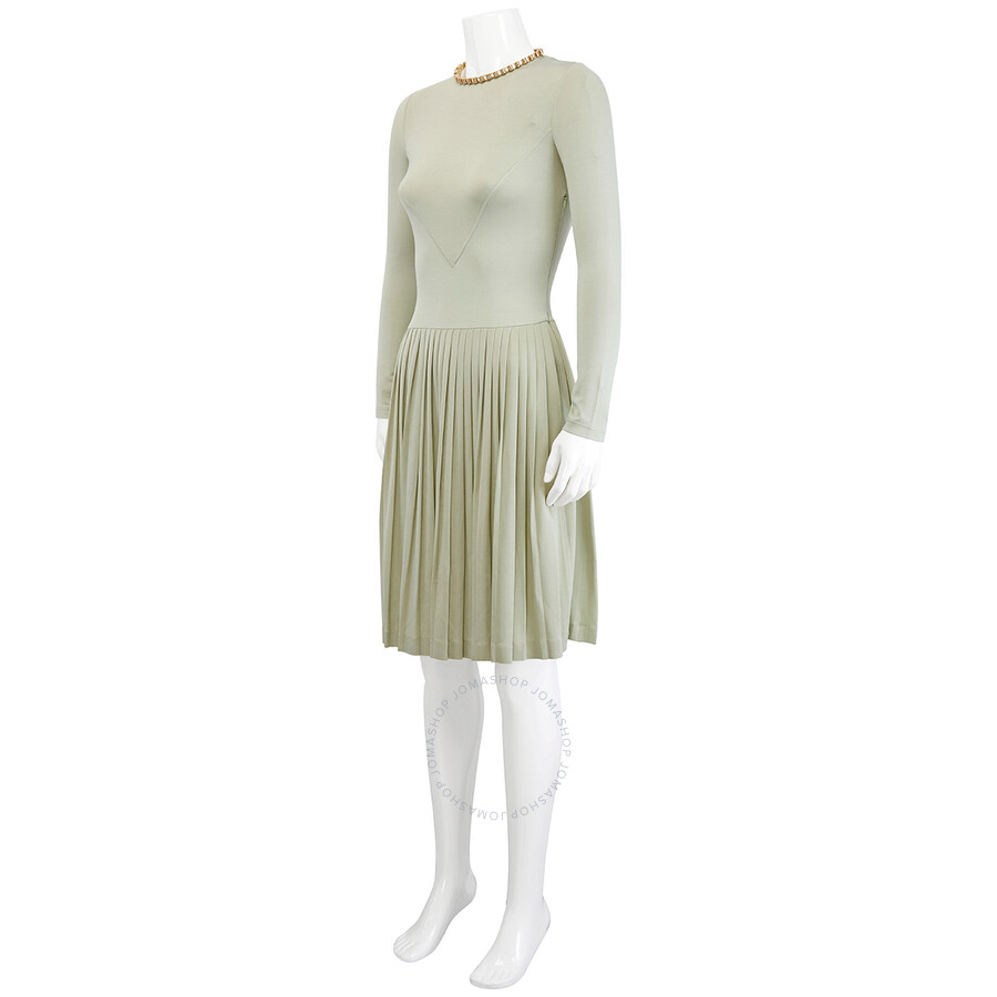 Burberry Open-back Stretch Silk And Crepe Pleated Chain Detail Dress In Pale Apple