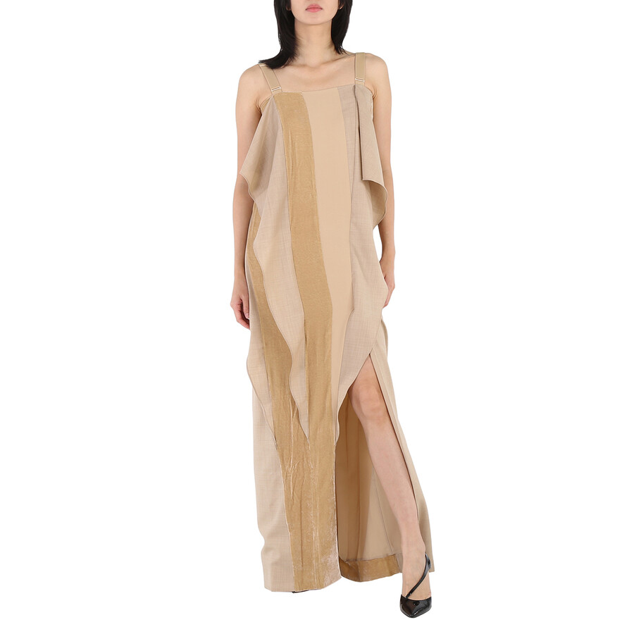 Panelled Wool Silk And Velvet Gown With Feather Detail