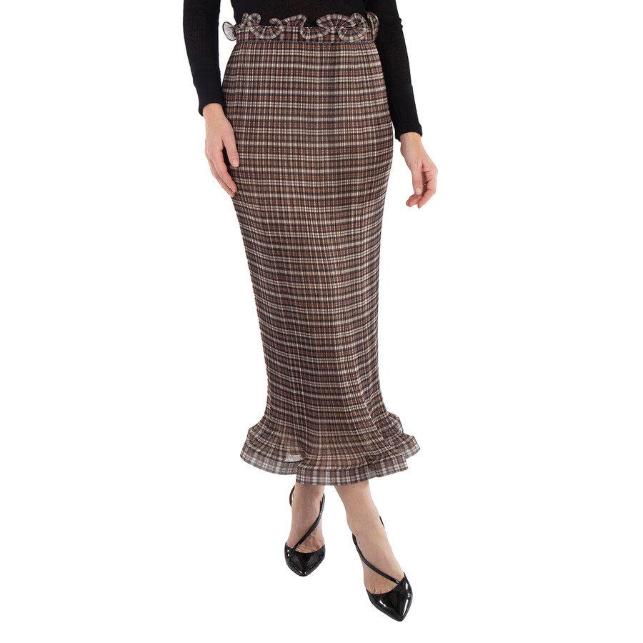 Ruffle Detail Check Chiffon Plisse Skirt