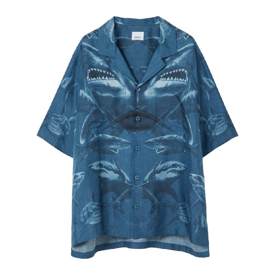 Burberry Shark Print Short-sleeve Silk Shirt In Blue