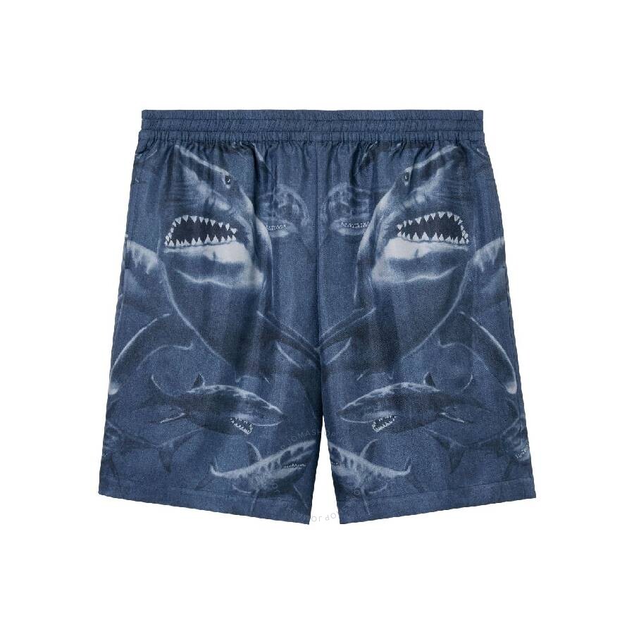 Burberry Bradeston Shark Print Mulberry Silk Shorts In Blue