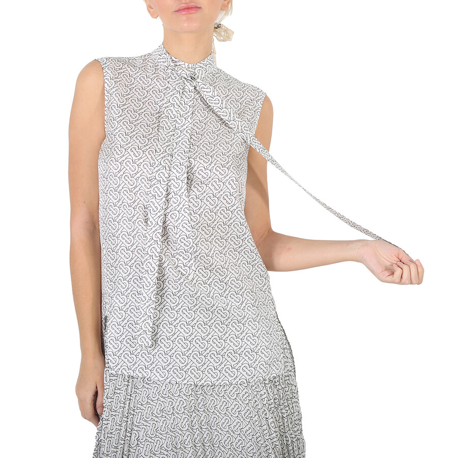 Burberry Sleeveless Monogram Print Silk Tie-neck Shirt, Brand Size  