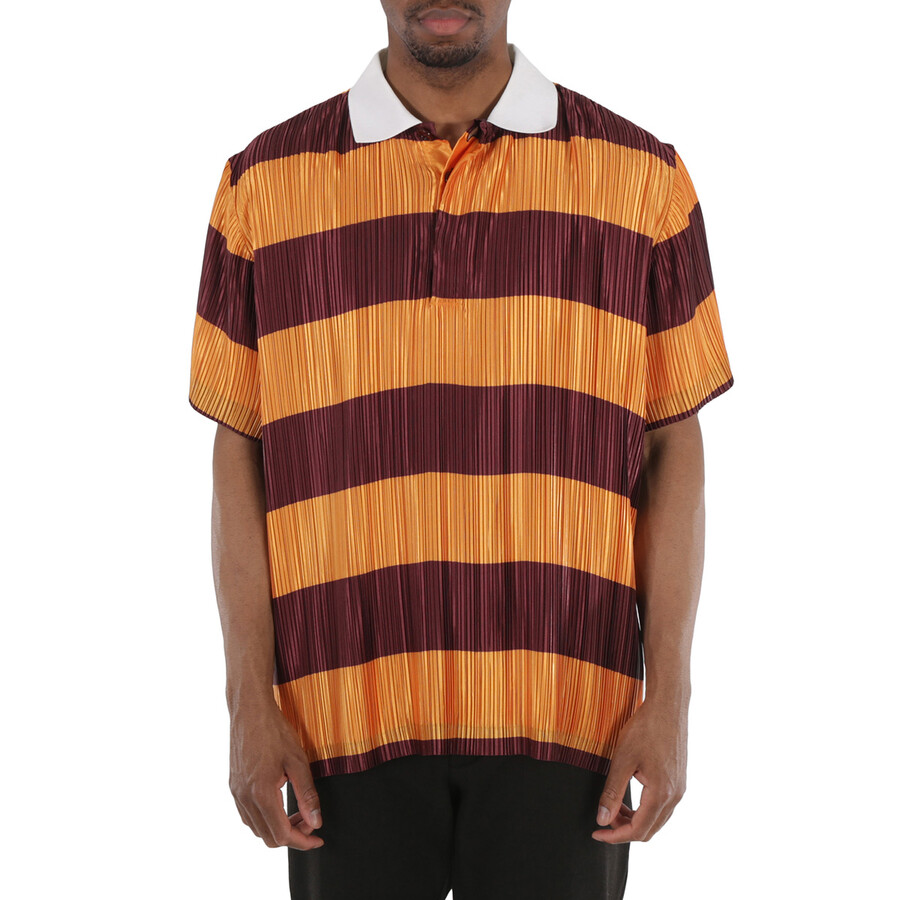 Shop Burberry Striped Plisse-pleated Polo Shirt In Orange