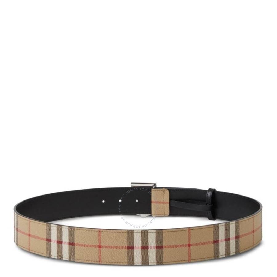Burberry Tb Plaque Buckle Check Reversible Belt In Silver Tone/beige
