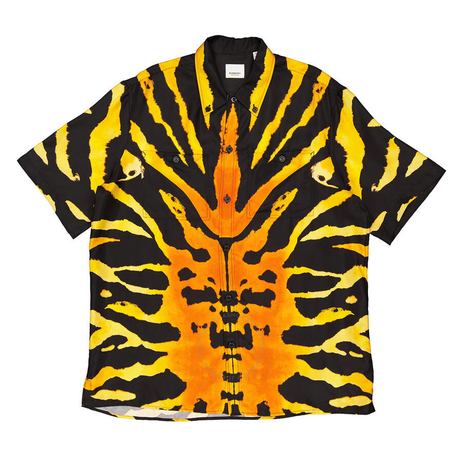 Burberry Tiger Print Short Sleeve Silk Shirt In Orange