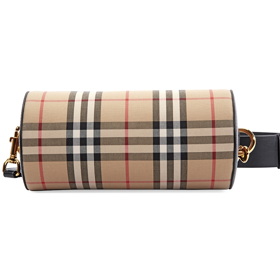 Burberry Vintage Check and Leather Barrel Bag- Archive Beige/Black - Burberry - Handbags - Jomashop