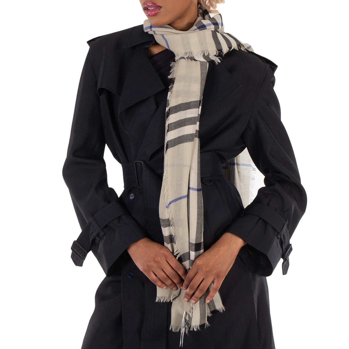 CHECK WOOL 182 CM SCARF PASTEL GRAY 405047