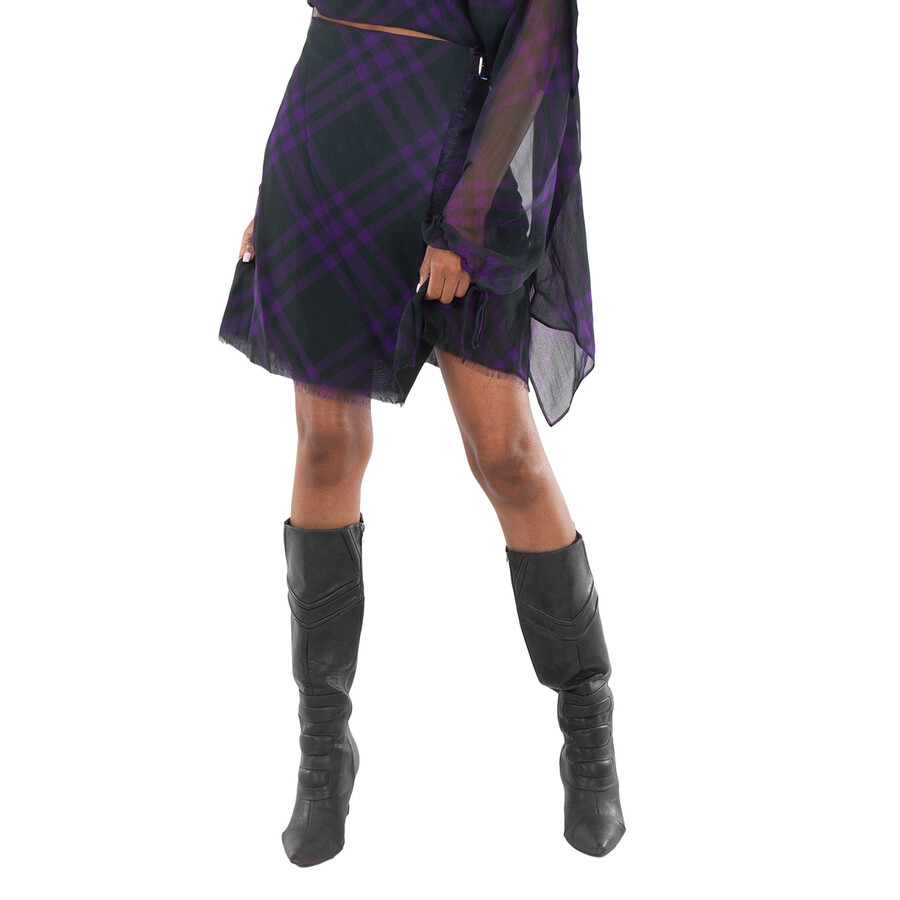 Wrap- Belt Check-Pattern Frayed Skirt
