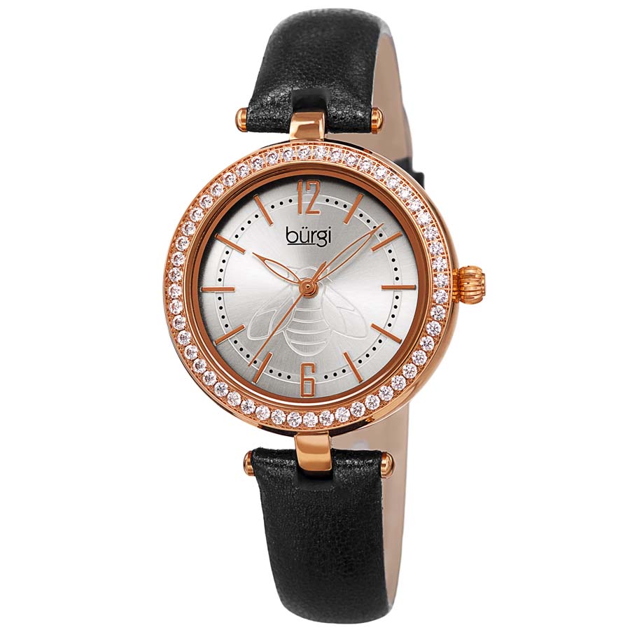 Burgi Crystal Silver Dial Black Leather Ladies Watch BUR235BKR