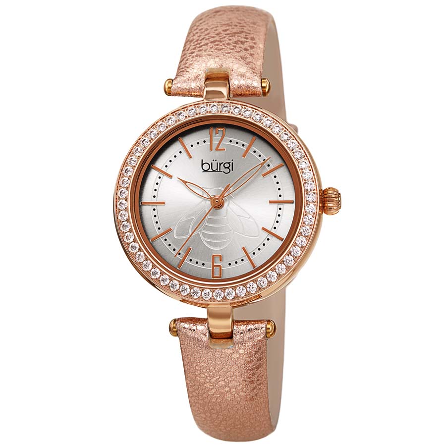 Burgi Crystal Silver Dial Gold Leather Ladies Watch BUR235RG