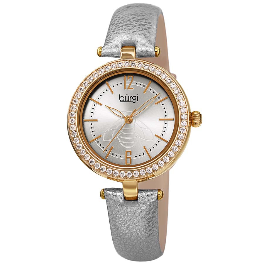 Burgi Crystal Silver Dial Silver Leather Ladies Watch BUR235YG