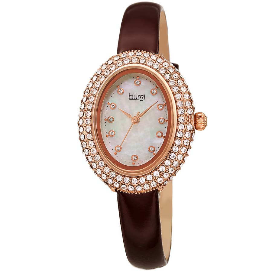 Burgi Crystal White Dial Brown Leather Ladies Watch BUR234BR