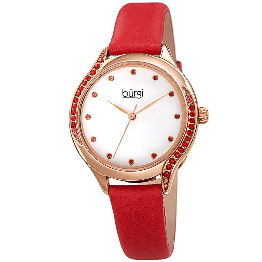 Burgi Crystal White Dial Red Leather Ladies Watch BUR239RD