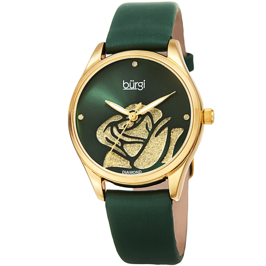 Burgi Diamond Accented Flower Quartz Green Dial Ladies Watch BUR189GN