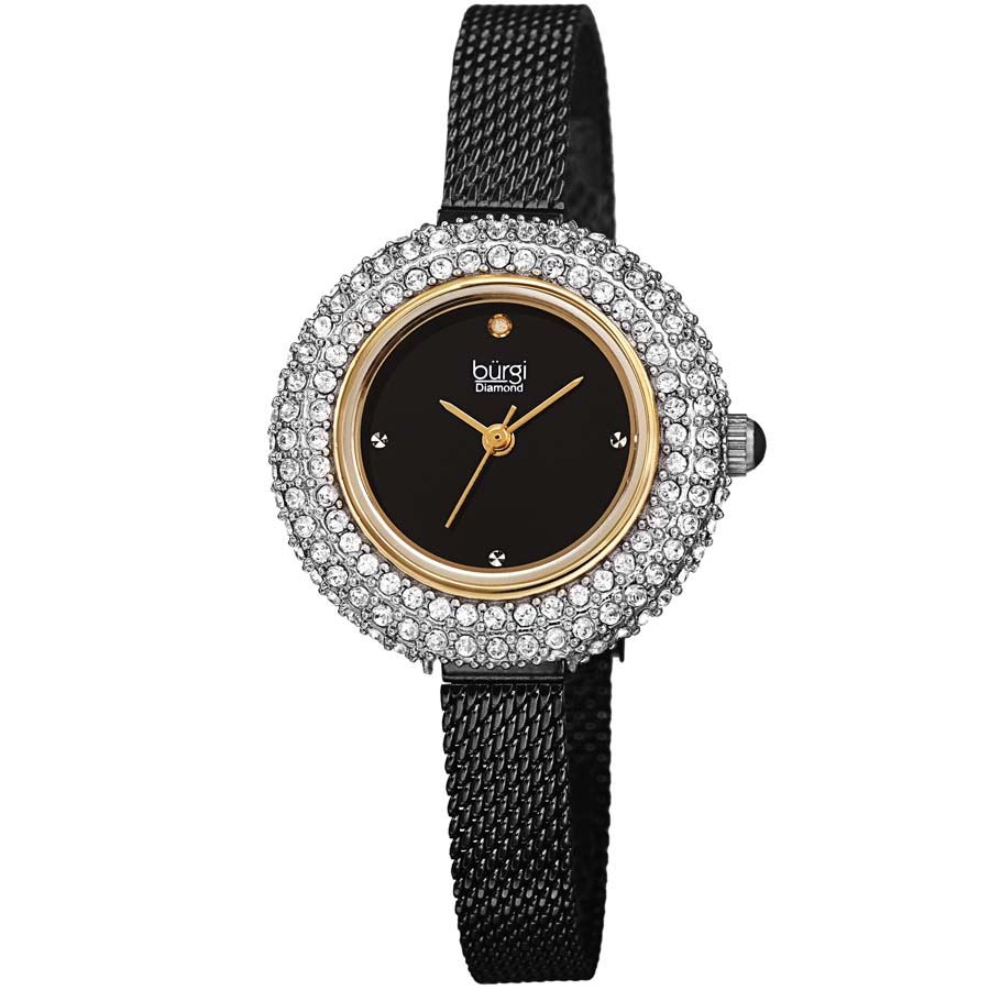 Burgi Diamond Black Dial Black-plated Mesh Ladies Watch BUR236BKG