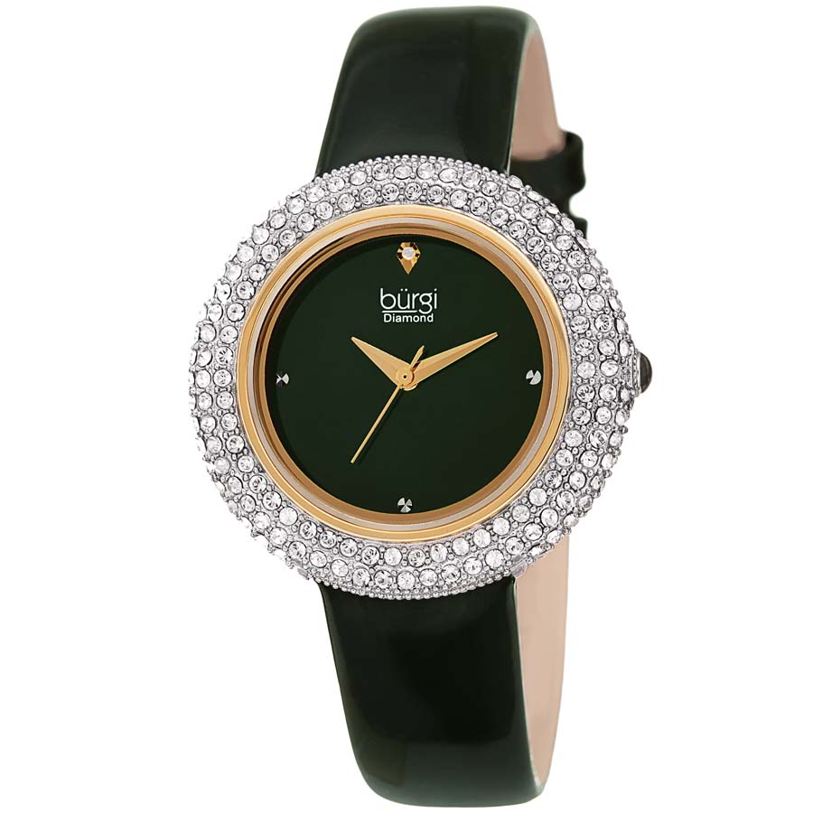 Burgi Diamond Crystal Green Dial Green Leather Ladies Watch BUR199GN