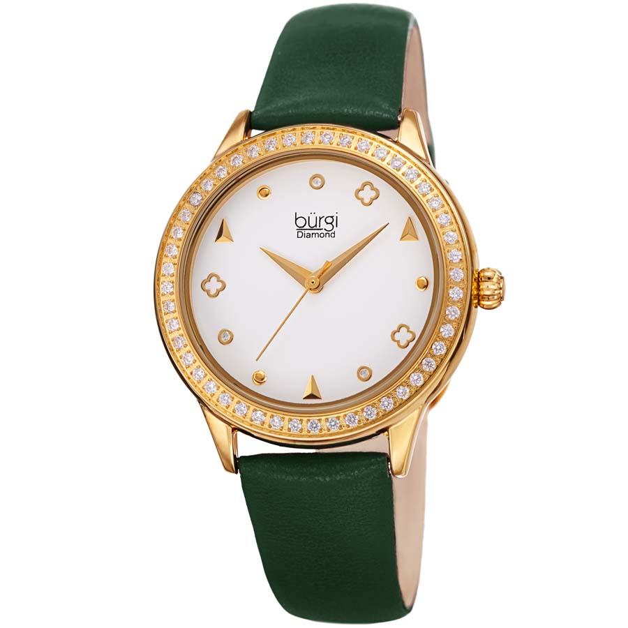 Burgi Diamond White Dial Green Leather Ladies Watch BUR221GN