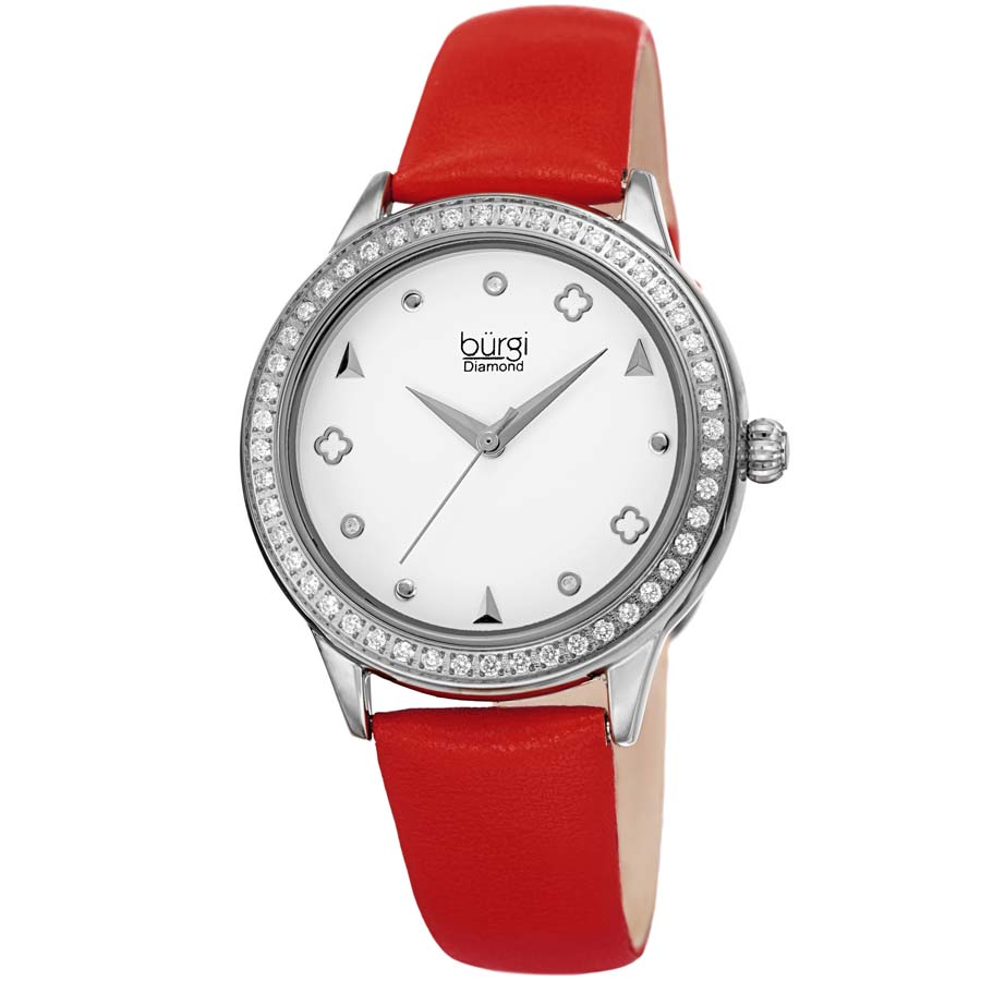 Burgi Diamond White Dial Red Leather Ladies Watch BUR221RD